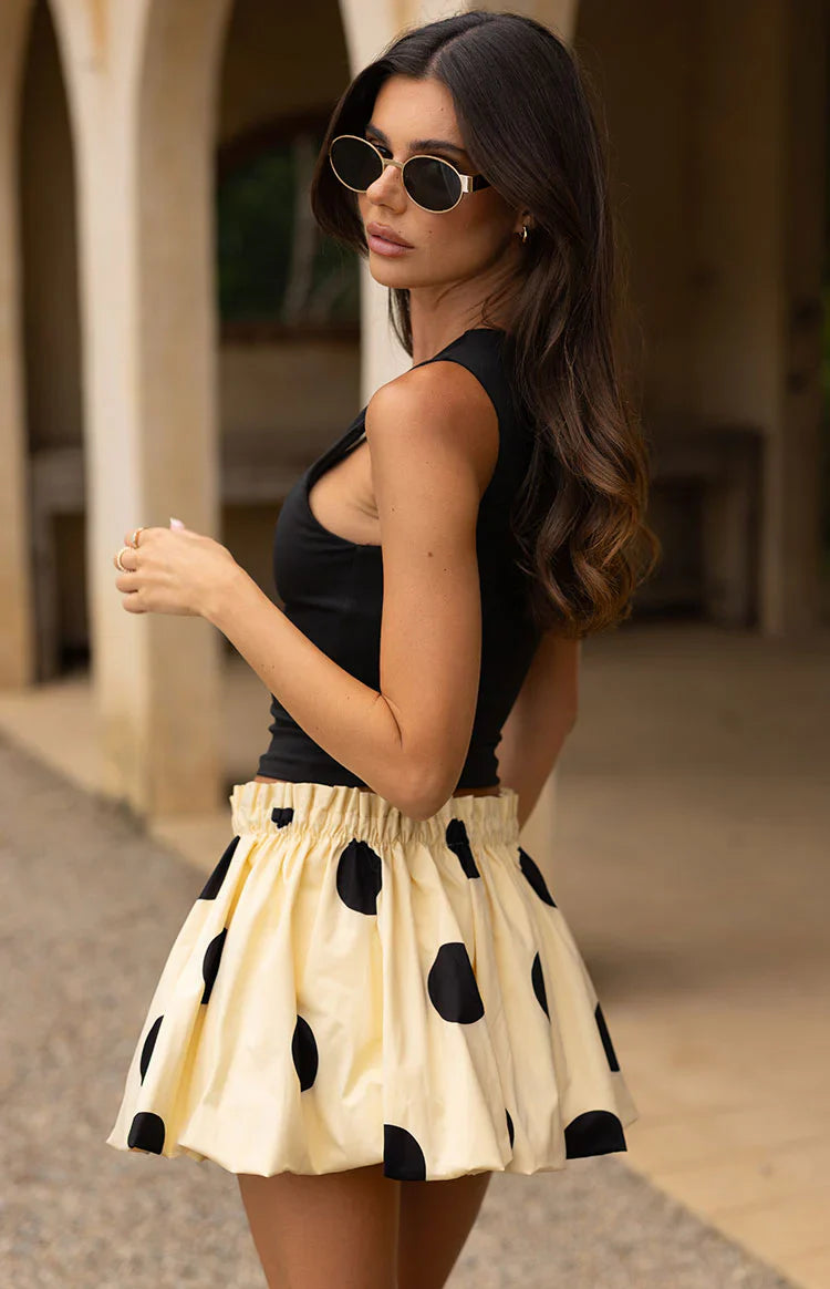 Henrietta Bubble Hem Mini Skirt | Yellow Polka Dot