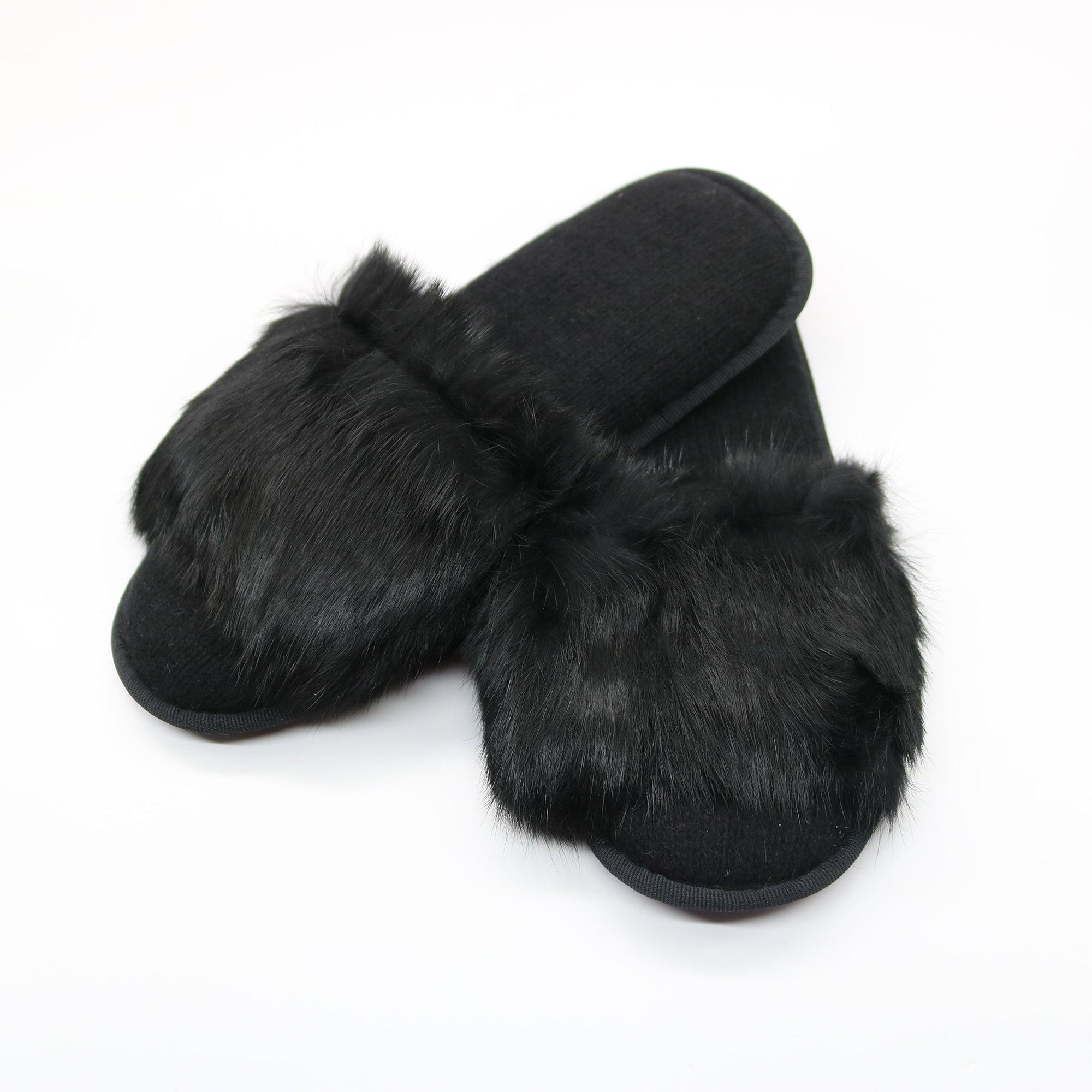 Cashmere Slippers Open Toe With Rabbit Fur Top | Black