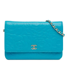 Chanel | Pre-Owned Lambskin Camellia Embossed Wallet On Chain | Blue/Aqua