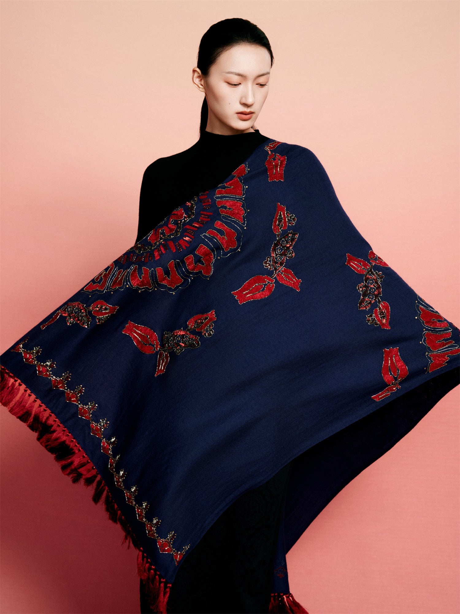Imported Embroidered Beaded Scarf Shawl | Navy