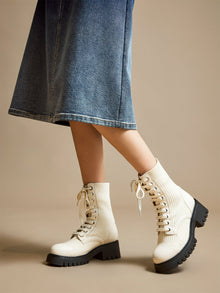 Knitted Chunky Heel Martin Boots | White