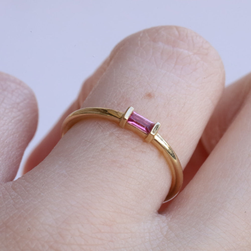 Women | Pink Tourmaline Straight Baguette Stacking Ring – October | 14k Yellow Gold