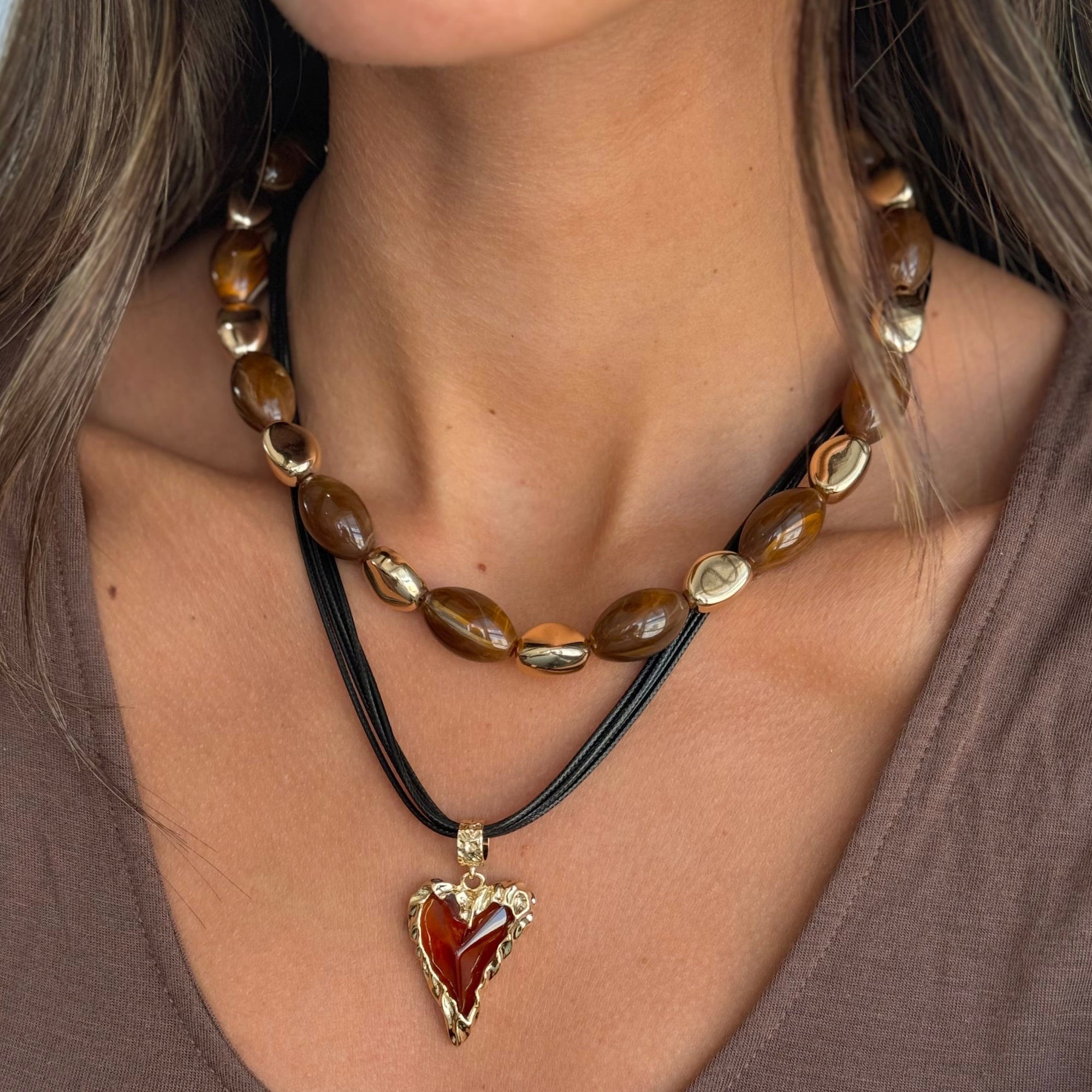 Brown Bead and Gold Accent Necklace - Adina's Jewels