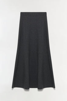 Charcoal gray wool skirt with A-line silhouette and elasticated waistband.