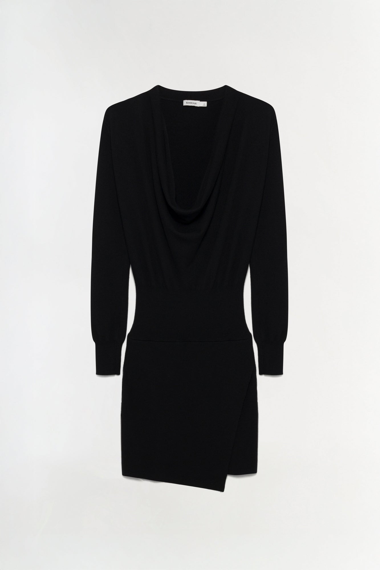 Black wool mini dress with draped neckline and long sleeves on mannequin against neutral background.