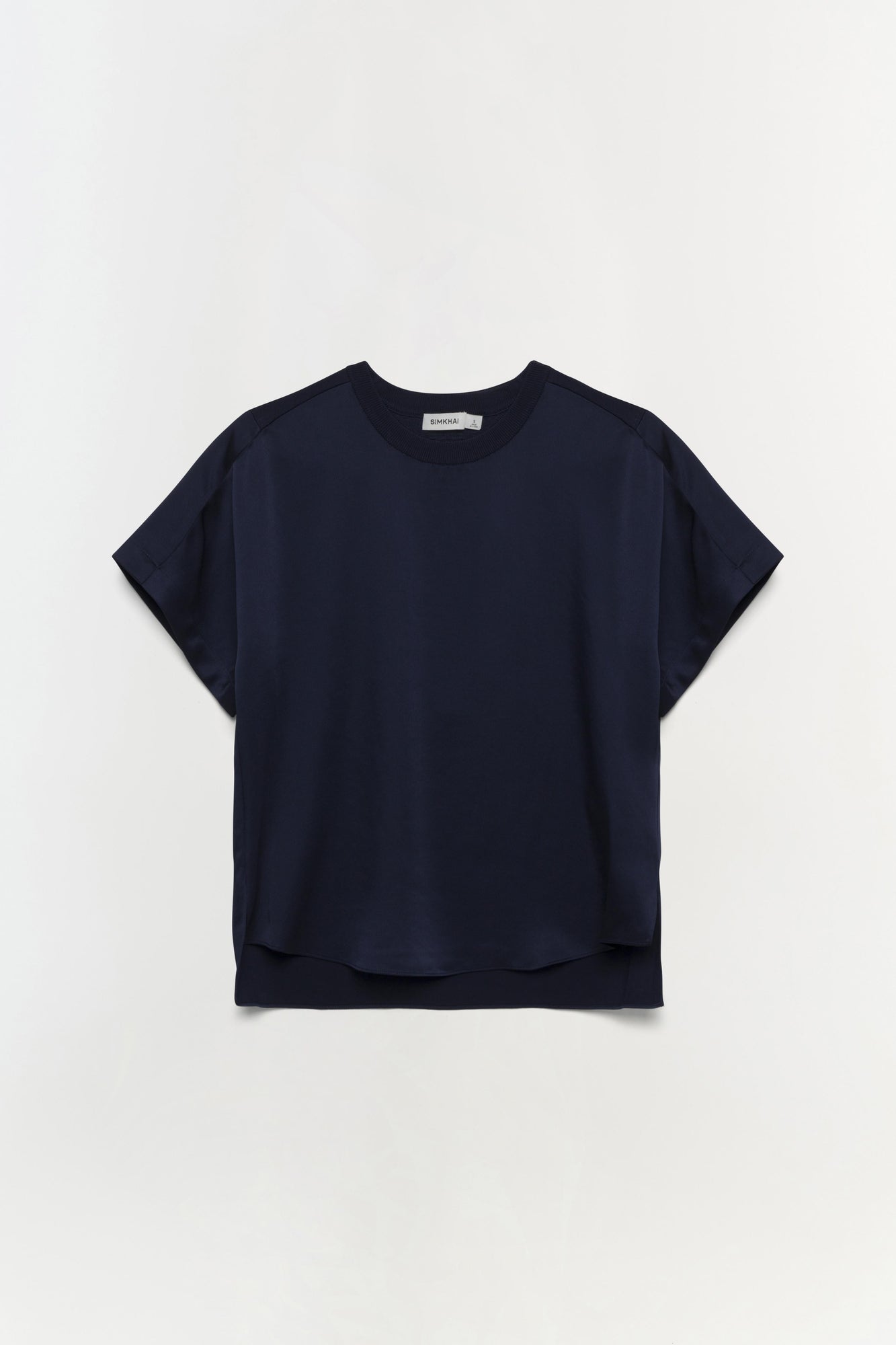 Navy blue short-sleeved t-shirt with crew neckline and layered hem detail.
