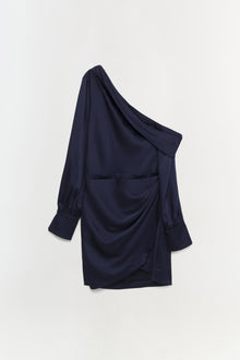 Navy blue one-shoulder dress with draped fabric and three-quarter length sleeves.