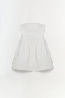 White strapless mini dress with fitted bodice and flared skirt.