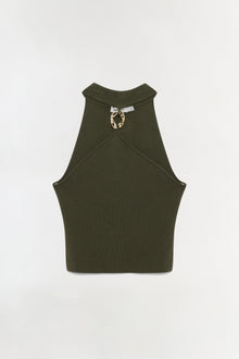 Olive green ribbed halter top with a gold horseshoe charm detail at the neckline.