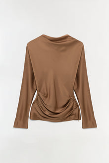 Camel satin top with long sleeves and ruched side detail at the waist.