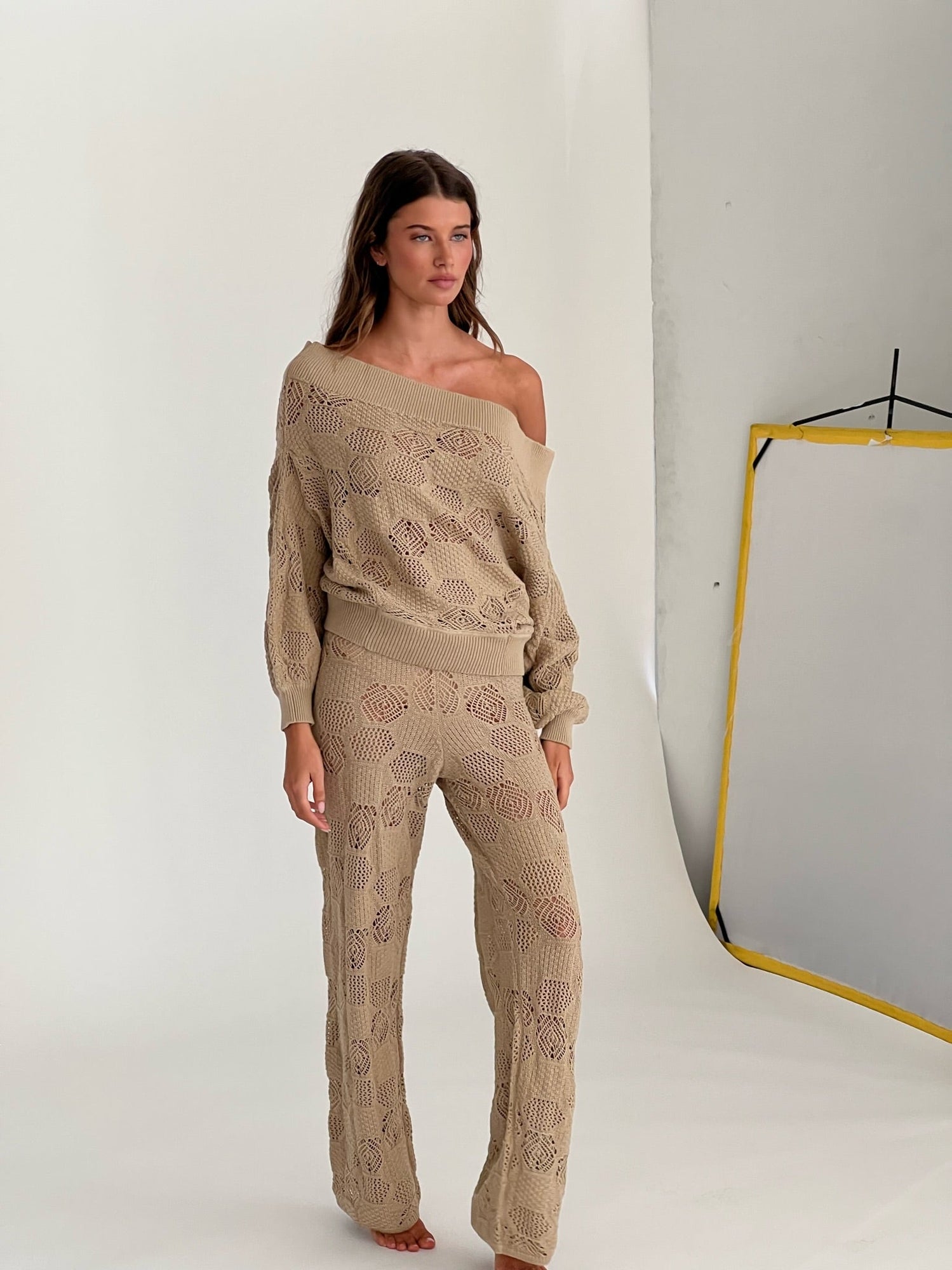 Wide Leg Crochet Pants | Pale Gold