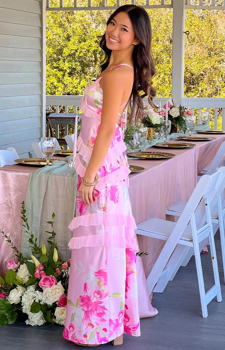 Inara Floral Print Ruffle Prom Dress | Pink