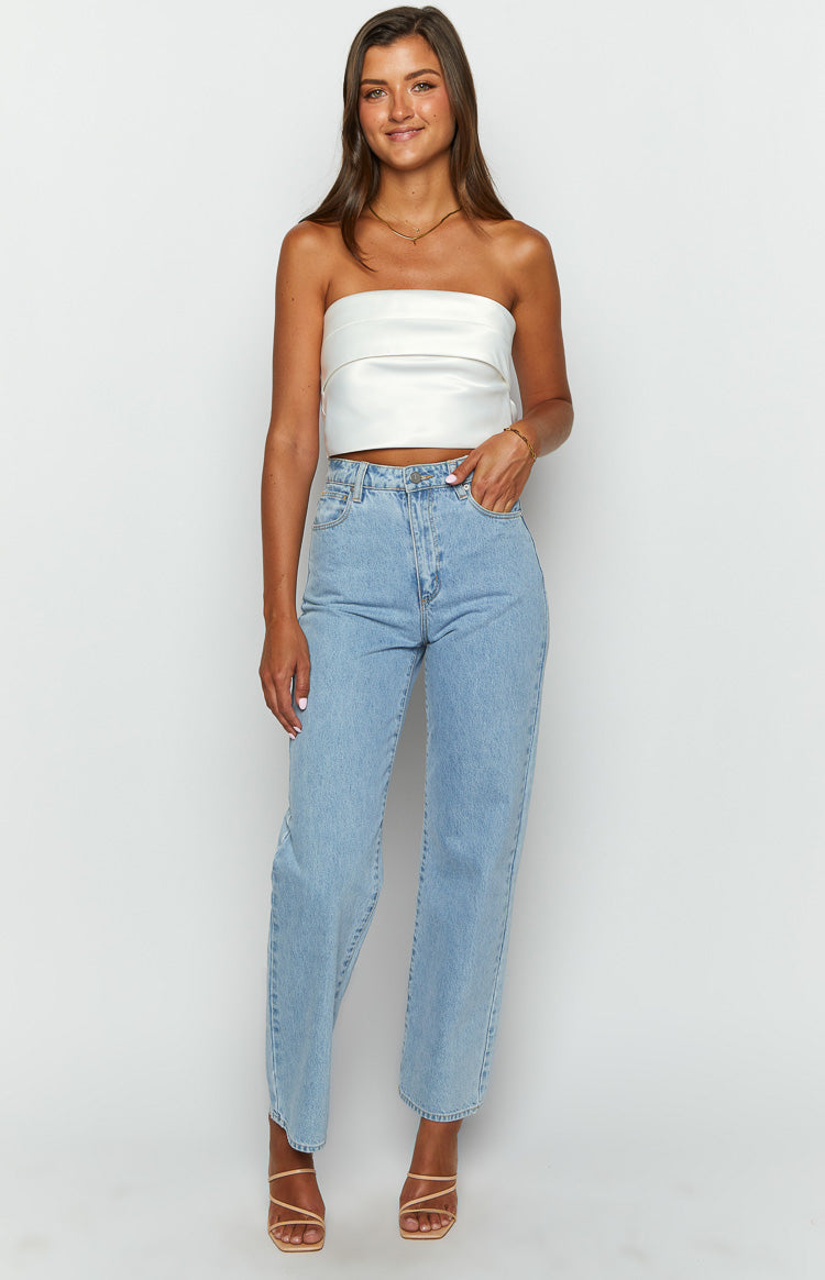 Ivory Allure Strapless Satin Crop Top | White