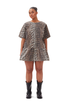 Print Denim Open-Back Mini Dress | Leopard
