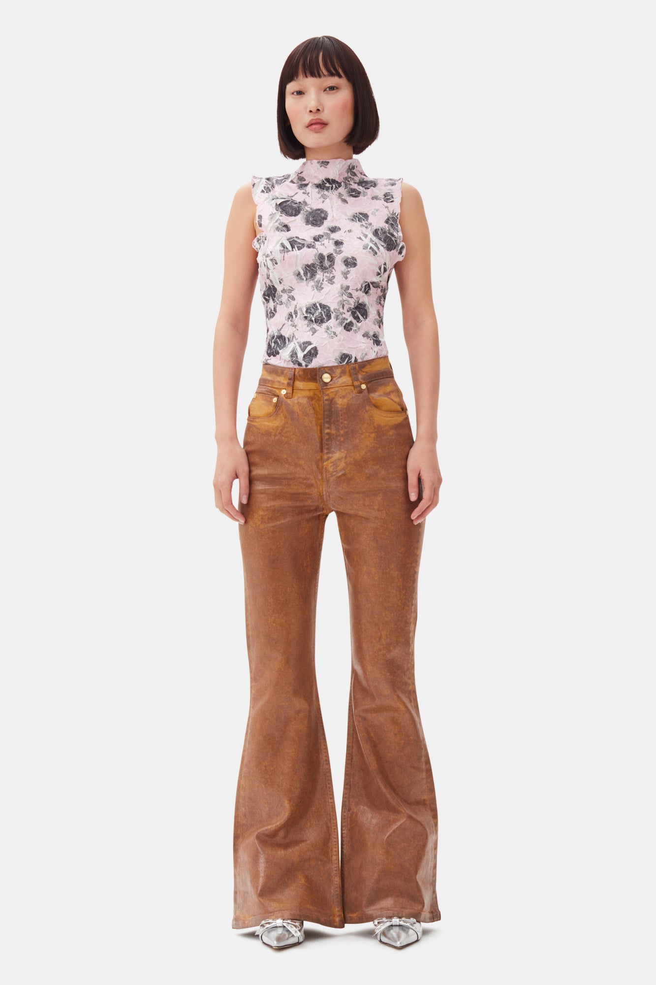 Foil Overdyed Denim Flare Jeans HW | Cognac