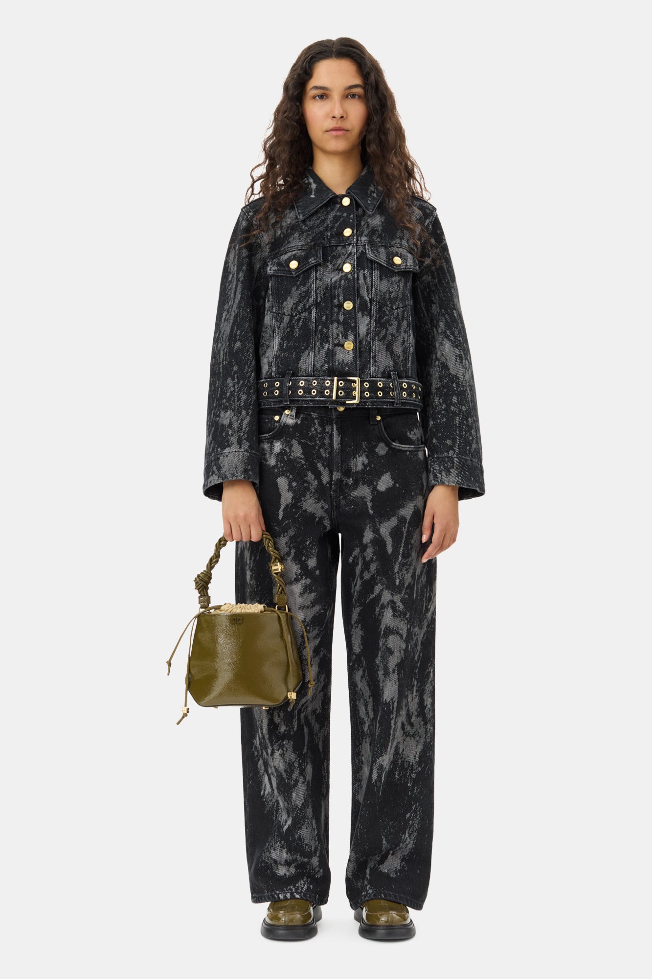 Heavy Denim Belted Jacket | Washed Black/Black