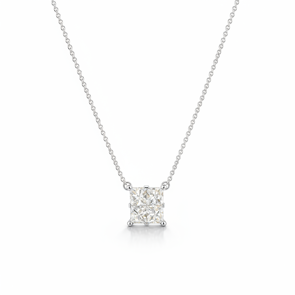 1.00 CT Princess Natural Diamond | Pendant Necklace | 14K White Gold | G Color | SI2 Clarity