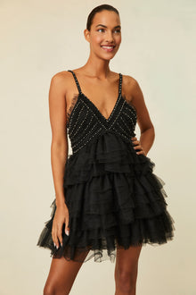 mini Dress features a ruched body adorned with crystal embellishments and a flirty multi-tiered tulle skirt.