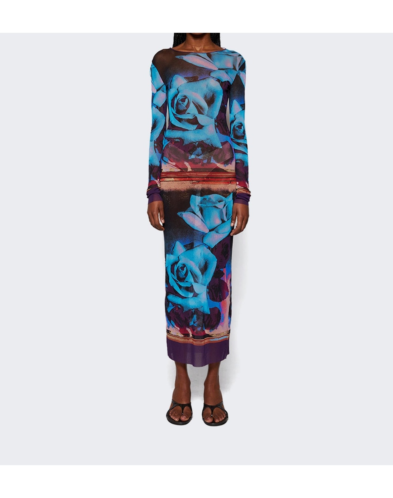 Jean Paul Gaultier | Women | Rose Printed Mesh Long Sleeve Dress | Blue