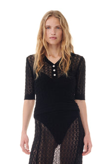 Shiny Pointelle Knit Short Sleeve Polo | Black