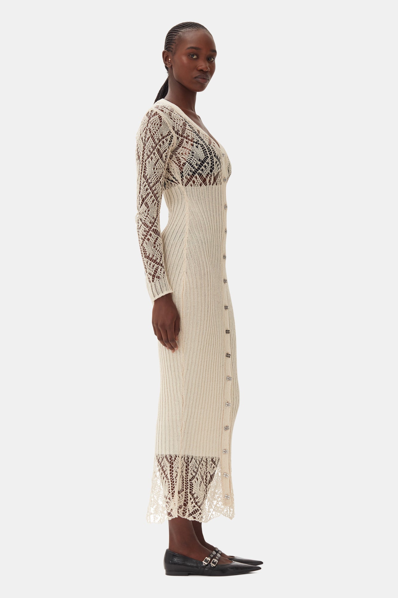 Thin Cotton Lace Button Down Maxi Dress | Egret