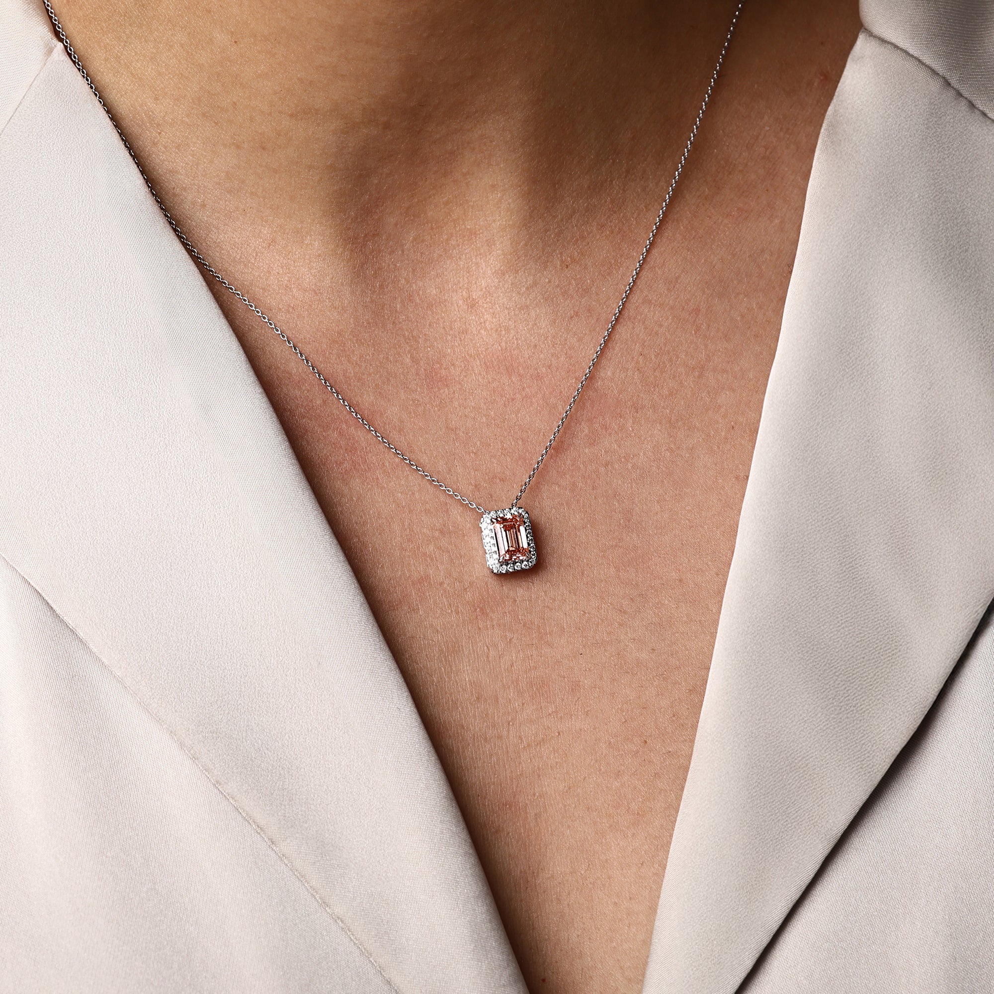 Womens | Halo Solitaire Pendant Necklace | 14K White Gold | 1.5 CTW Emerald Cut Lab Grown Diamond | Pink-VS1