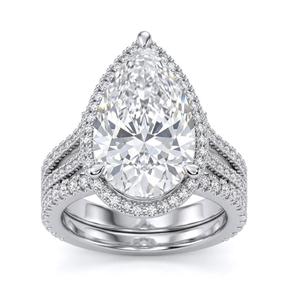 Womens | Bridal Set | 14K White Gold | 8.40 CTW Pear Cut Lab Grown Diamond | F-VS