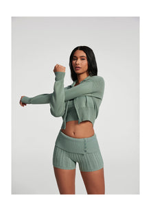 Knit Cropped Zip-Up Jacket | Sage Green