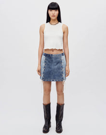 Womens | Upcycled Vintage | Denim Laced Midi Skirt | One-of-a-kind | Indigo