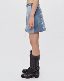 Womens | Upcycled Vintage | Denim Laced Midi Skirt | One-of-a-kind | Indigo