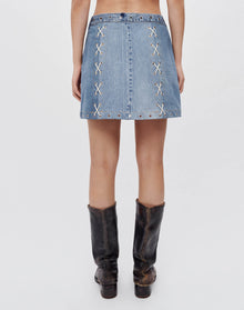 Womens | Upcycled Vintage | Denim Laced Midi Skirt | One-of-a-kind | Indigo