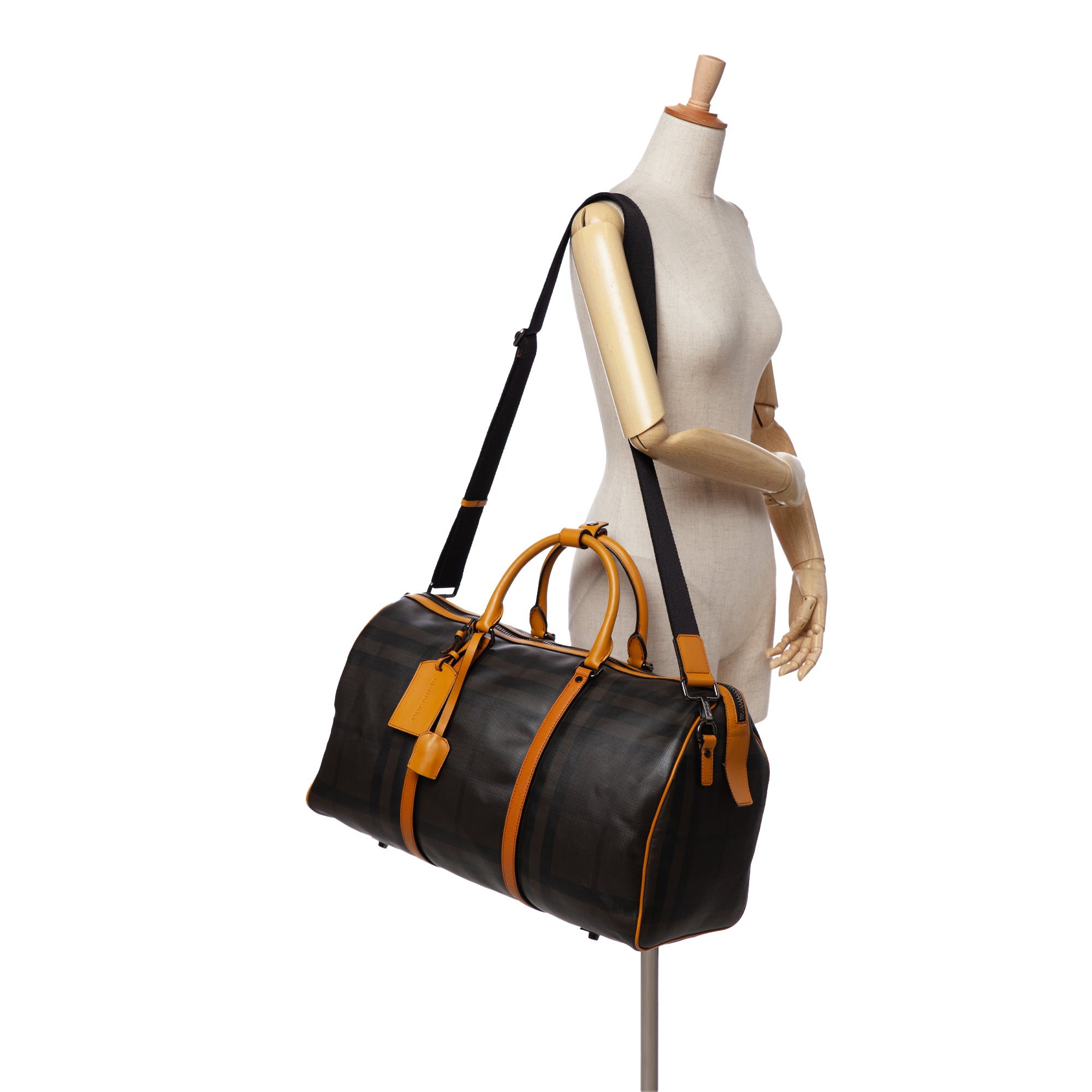 Burberry | Pre-Owned Smoke Check Coated Canvas Holdall Barrel Duffle Bag | Brown/Dark Brown