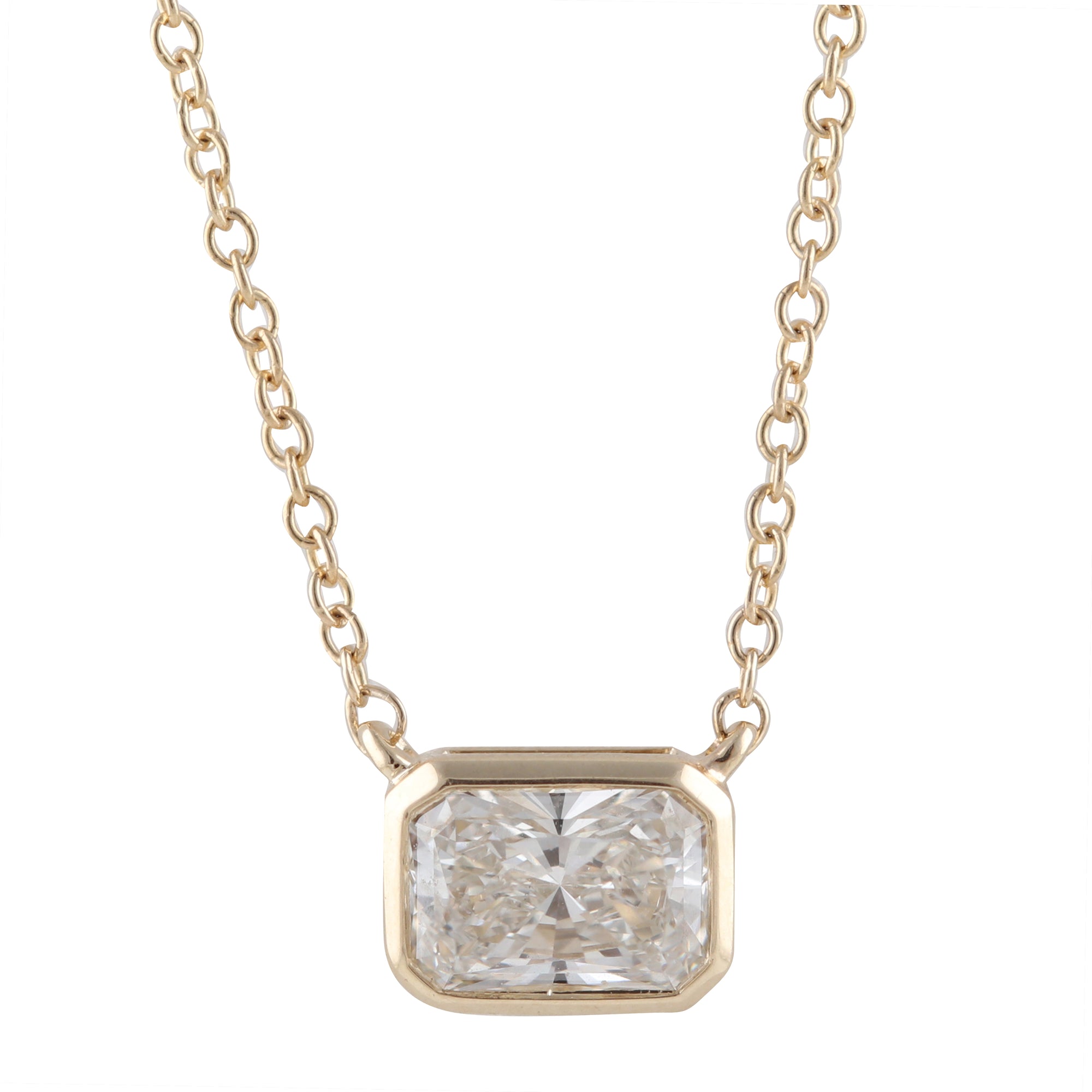 Womens | 0.58 CT  Emerald Cut Lab Grown Diamond | Solitaire East West Bezel Set Pendant Necklace | 14K Yellow Gold | G-VS1