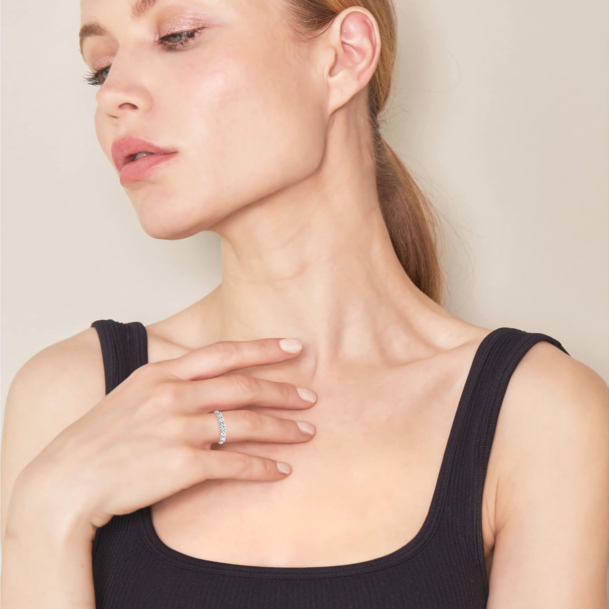 Womens | 1.00 CT Round Cut Lab Grown Diamond | 5 Stone Wedding Band | 14K White Gold | I-I1