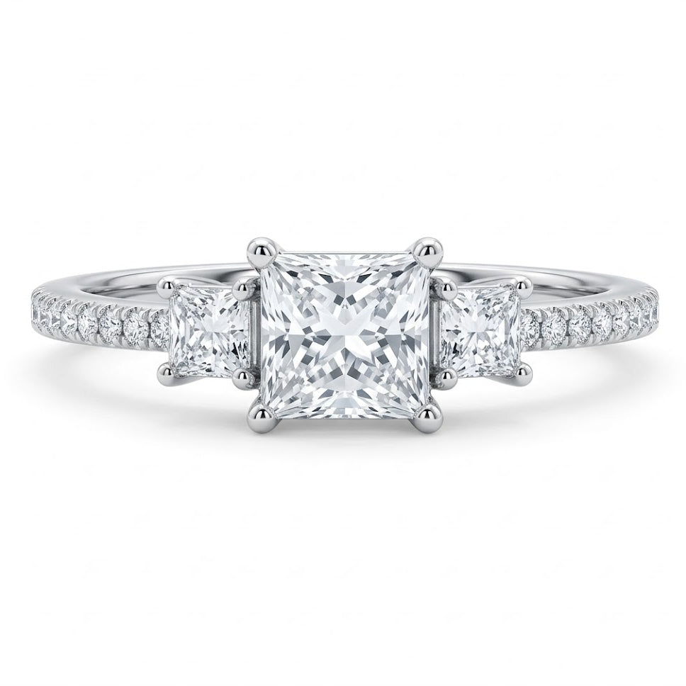 Womens | 1.00 CT  Princess &Round Cut Lab Grown Diamond | 3 Stone Engagement Ring | 14K White Gold | F-VS