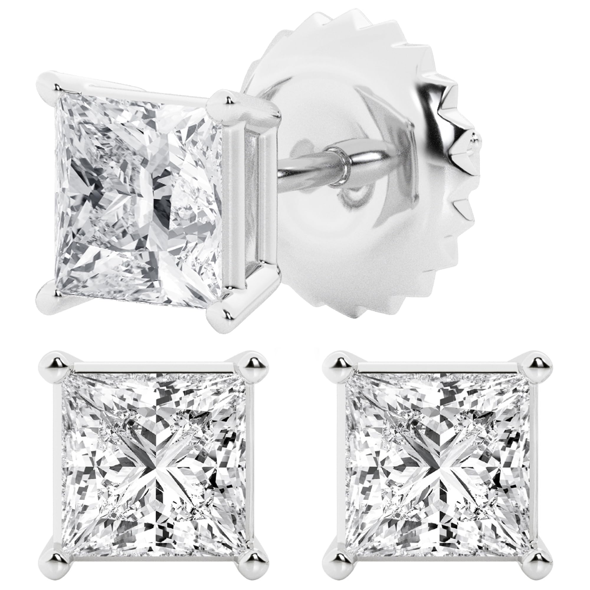 Womens | 2.00 CT  Princess Cut Lab Grown Diamond | Solitaire Stud | 14K White Gold | H-VS