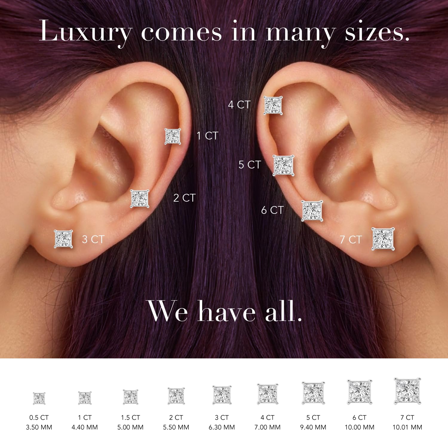 Womens | 2.00 CT  Princess Cut Lab Grown Diamond | Stud | 18K White Gold | F-VS