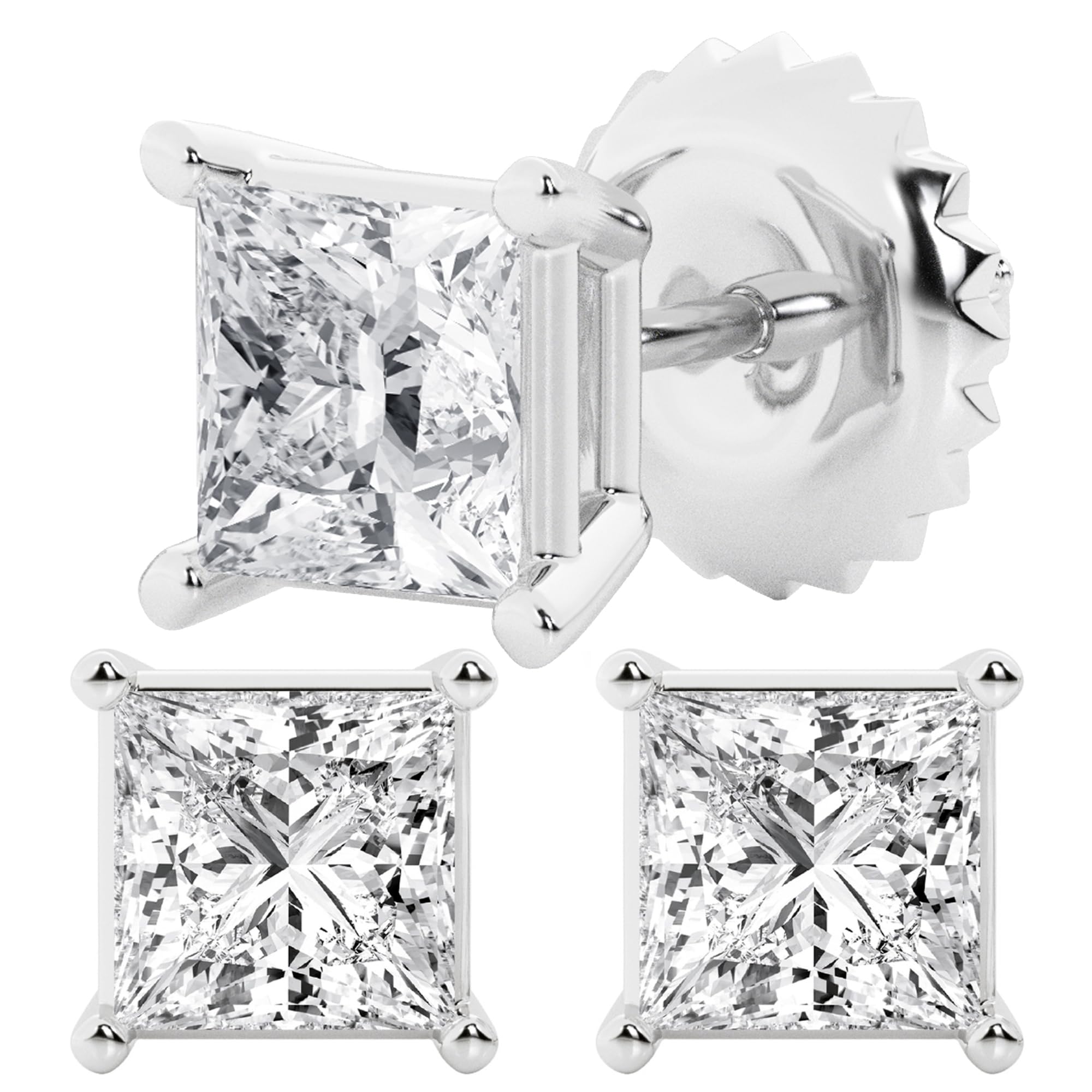 Womens | 3.00 CT  Princess Cut Lab Grown Diamond | Solitaire Stud | 14K White Gold | H-VS
