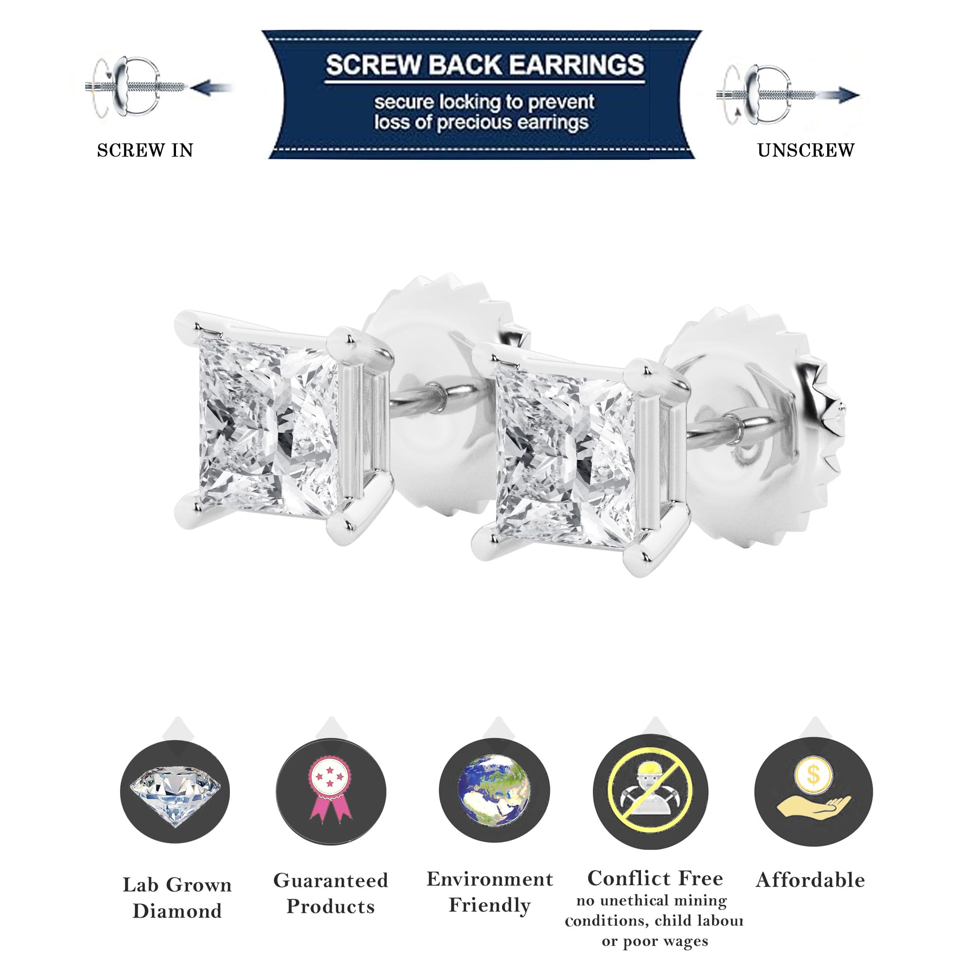 Womens | 3.00 CT  Princess Cut Lab Grown Diamond | Solitaire Stud | 14K White Gold | H-VS