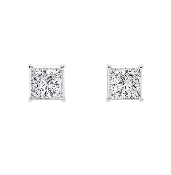 Womens | 1.25 CT  Princess Cut Lab Grown Diamond | Solitaire Stud - II | 14K White Gold | G-VS1