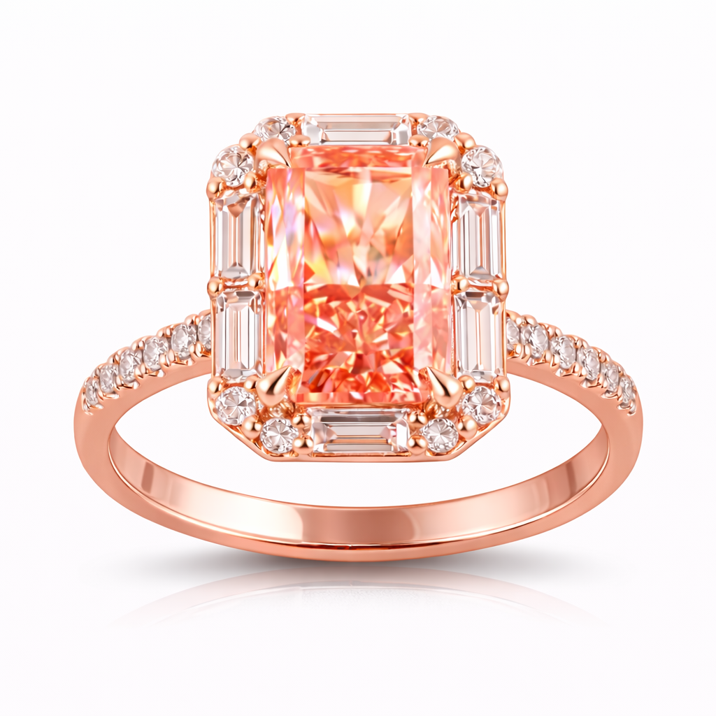 1.90 CT Pink Radiant/Round/Baguette Lab-Grown Diamond | Bridal Ring | 14K Two Tone Gold | G Color | VS Clarity