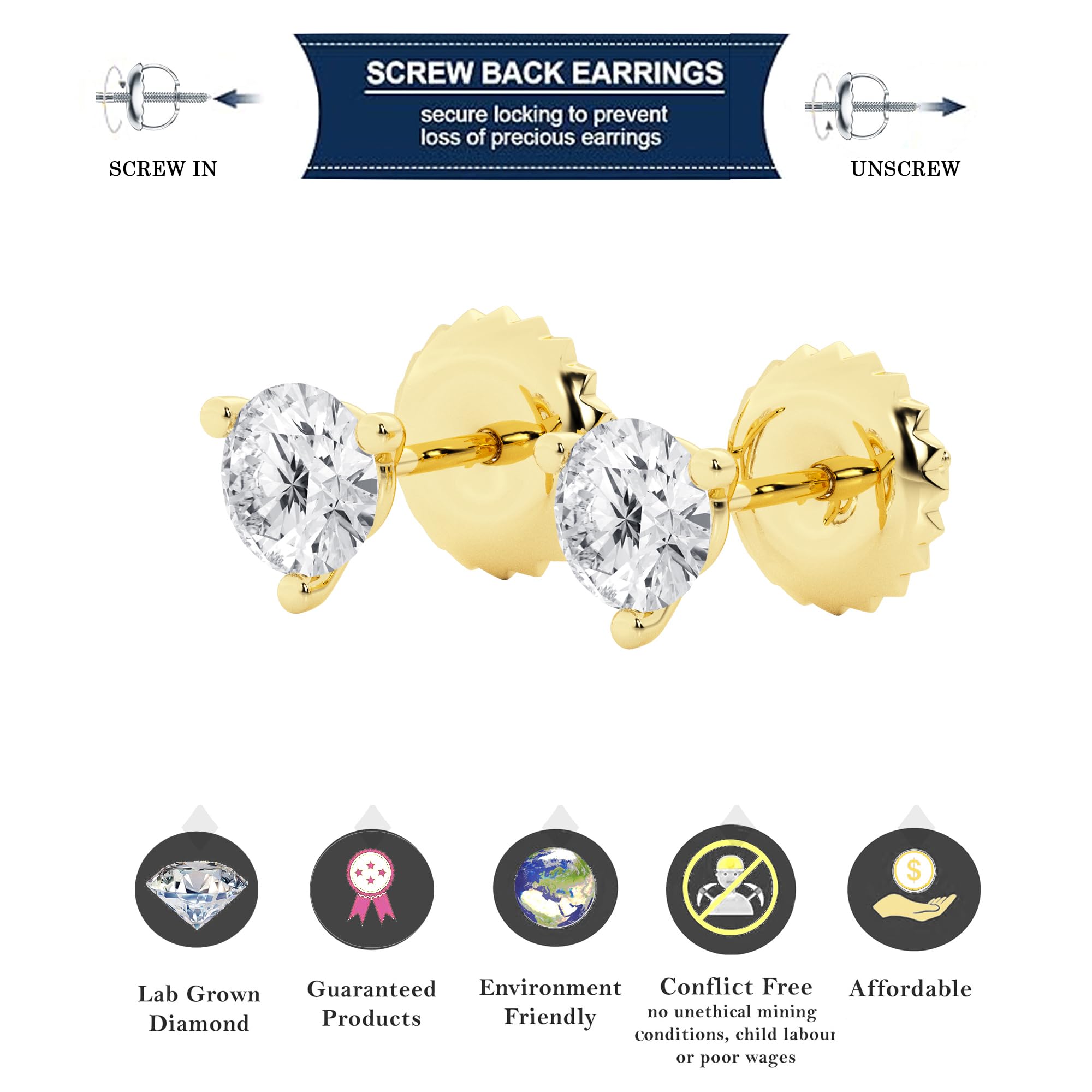 Womens | 2.00 CT Round Cut Lab Grown Diamond | Martini Stud | 14K Yellow Gold | H-VS