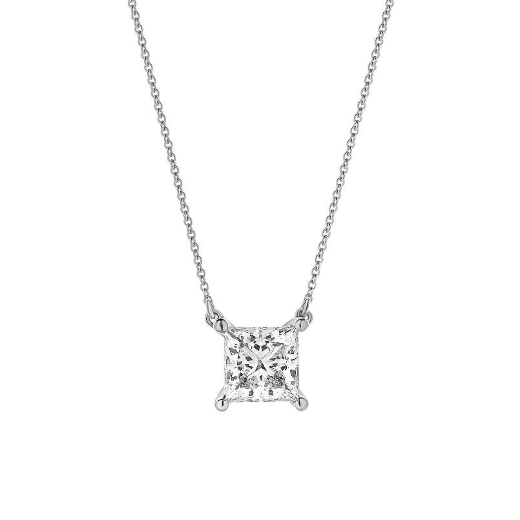 Womens | 1.25 CT  Princess Cut Lab Grown Diamond | Solitaire Pendant Necklace | 14K White Gold | J-K-I1/I2
