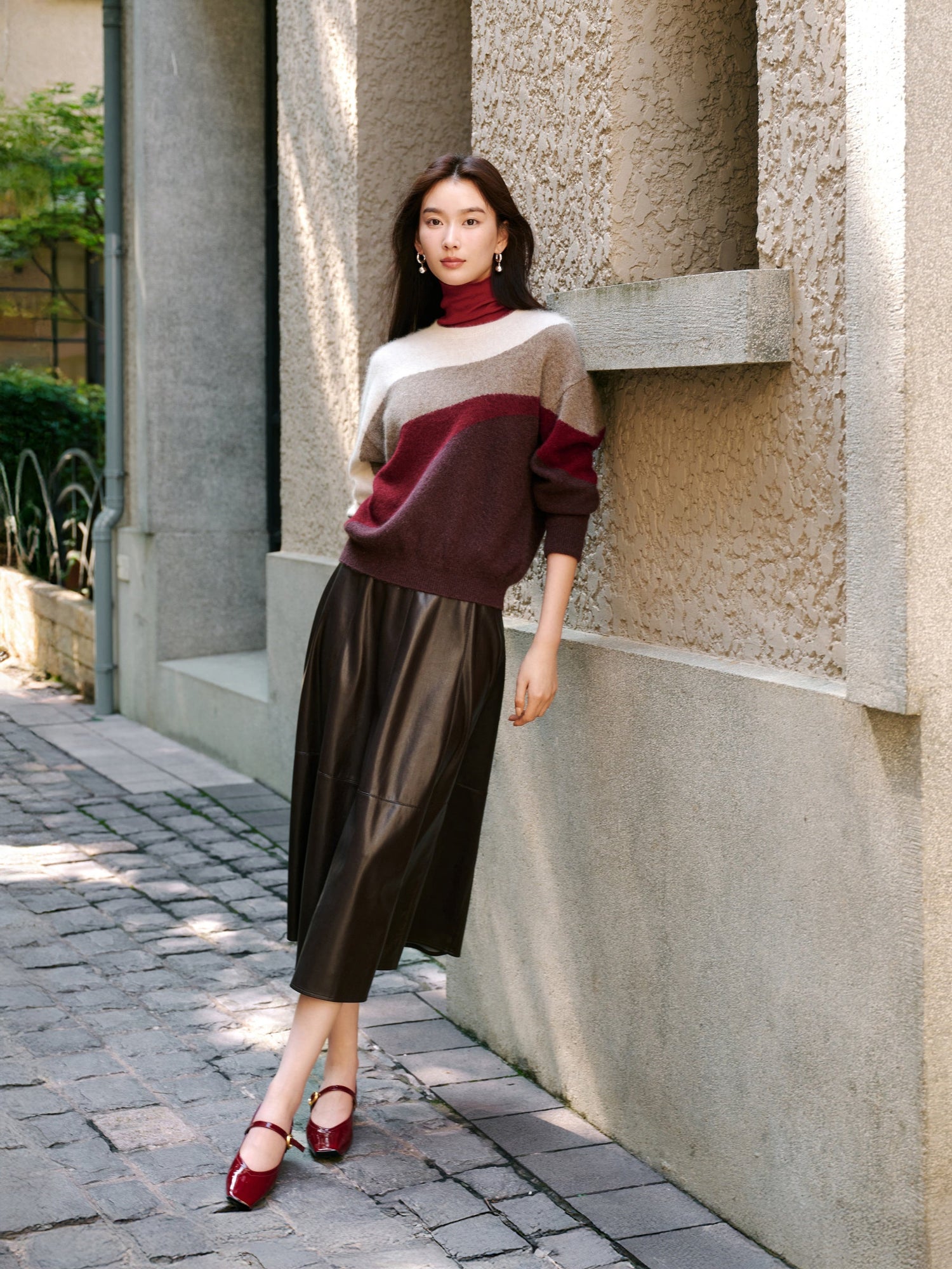 Color-Block Yak Wool Cashmere Knit Top | Brown