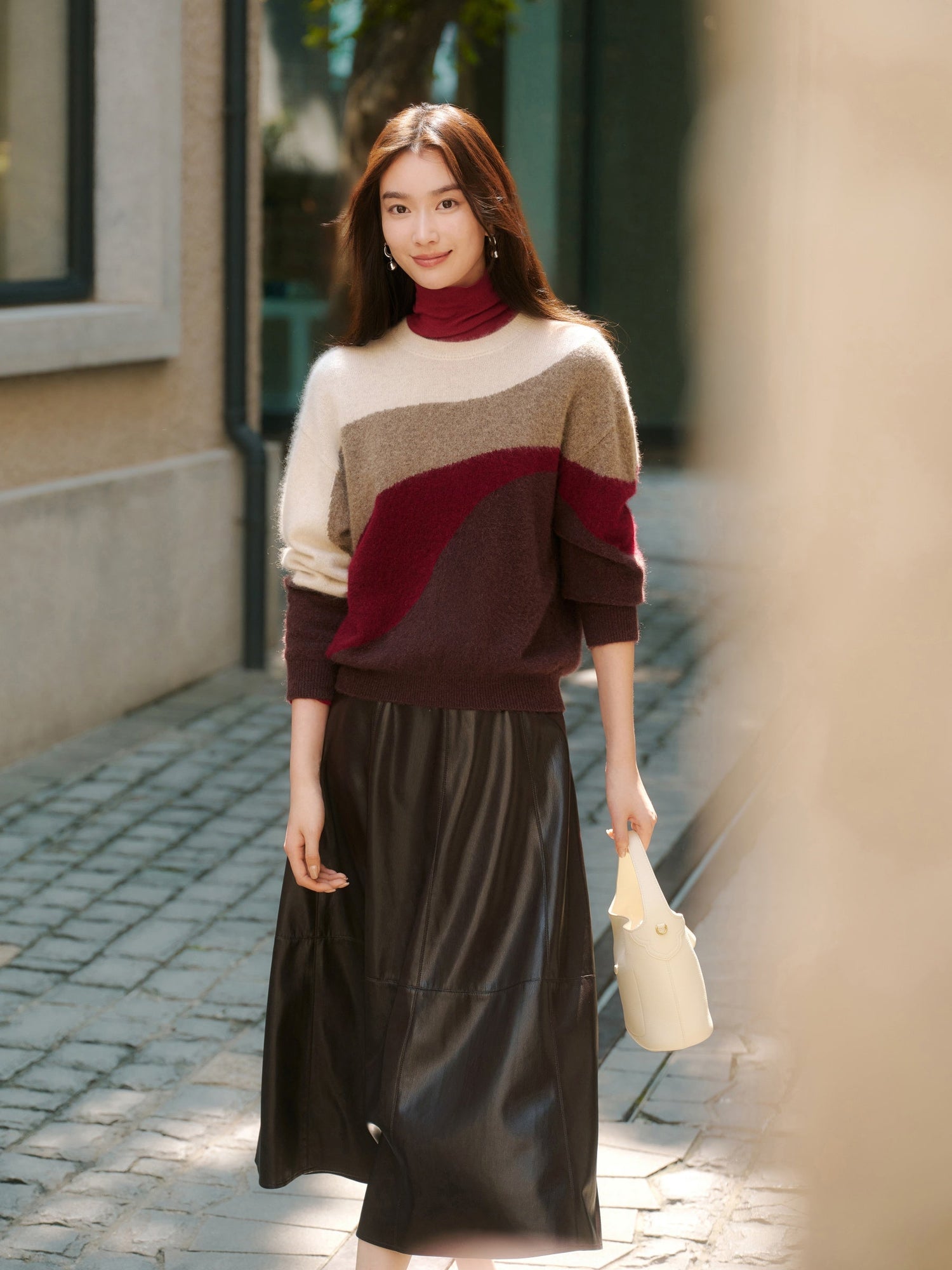 Color-Block Yak Wool Cashmere Knit Top | Brown