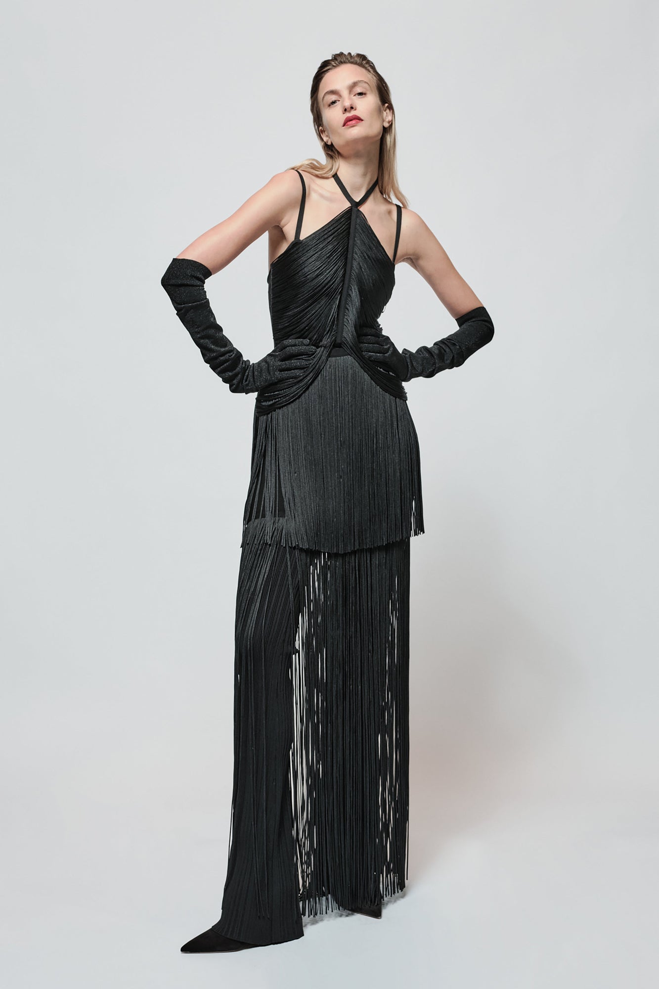 Draped Fringe Strappy Halter Gown | Black