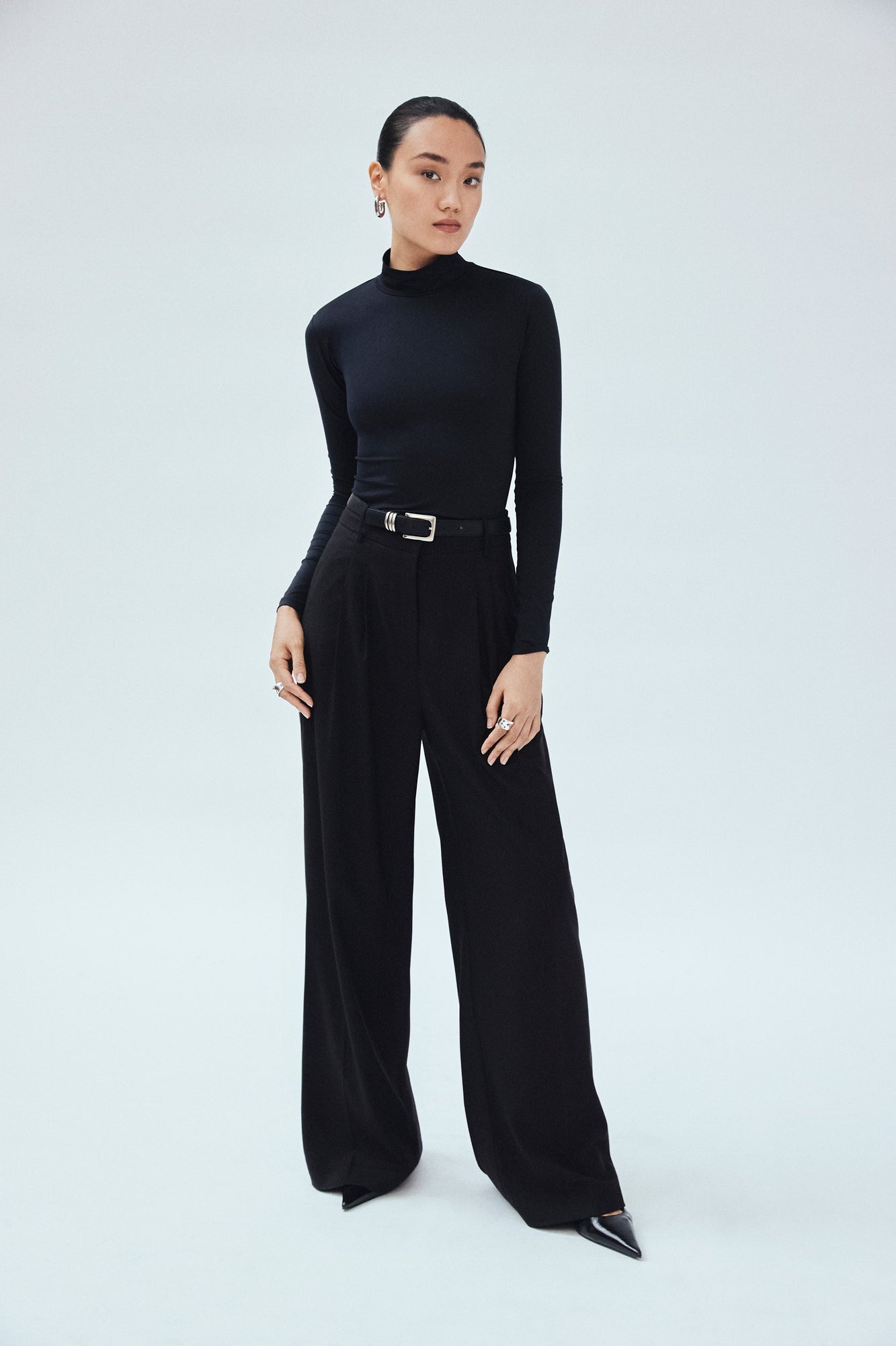 Cotton Twill Jacquard Stripe Wide Leg Trouser | Black