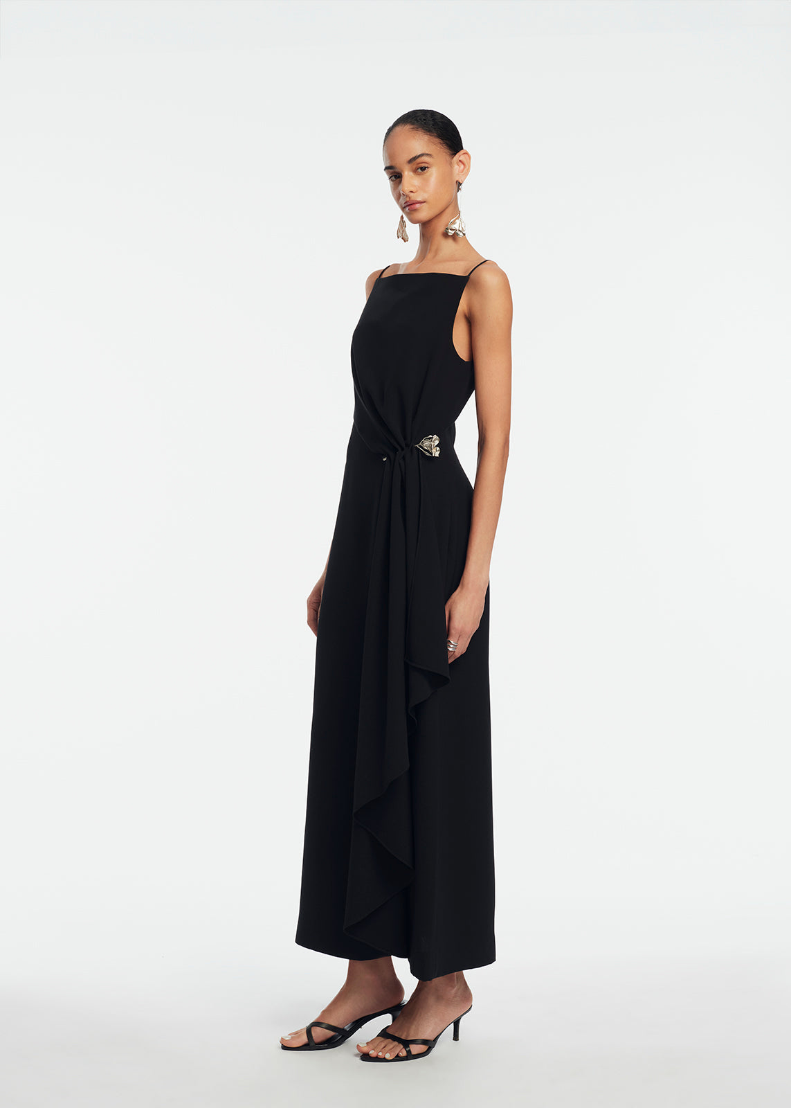 Fluid Crepe Pin Detail Draped Dress | Black