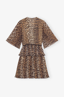 Leopard Pleated Georgette V neck Flounce Mini Dress | Almond Milk