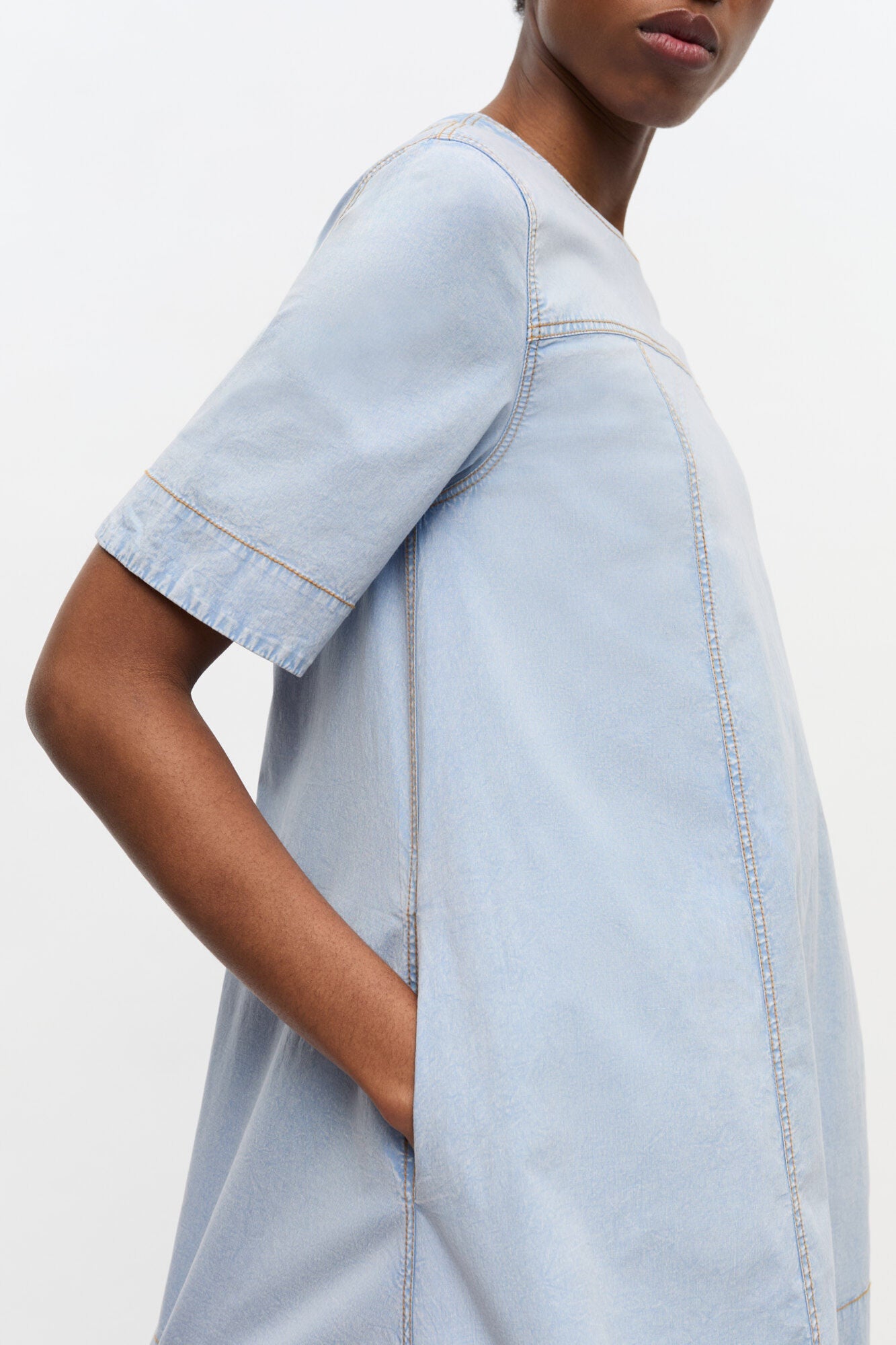 Light Blue A line Mini Denim Dress | Soft Chambray